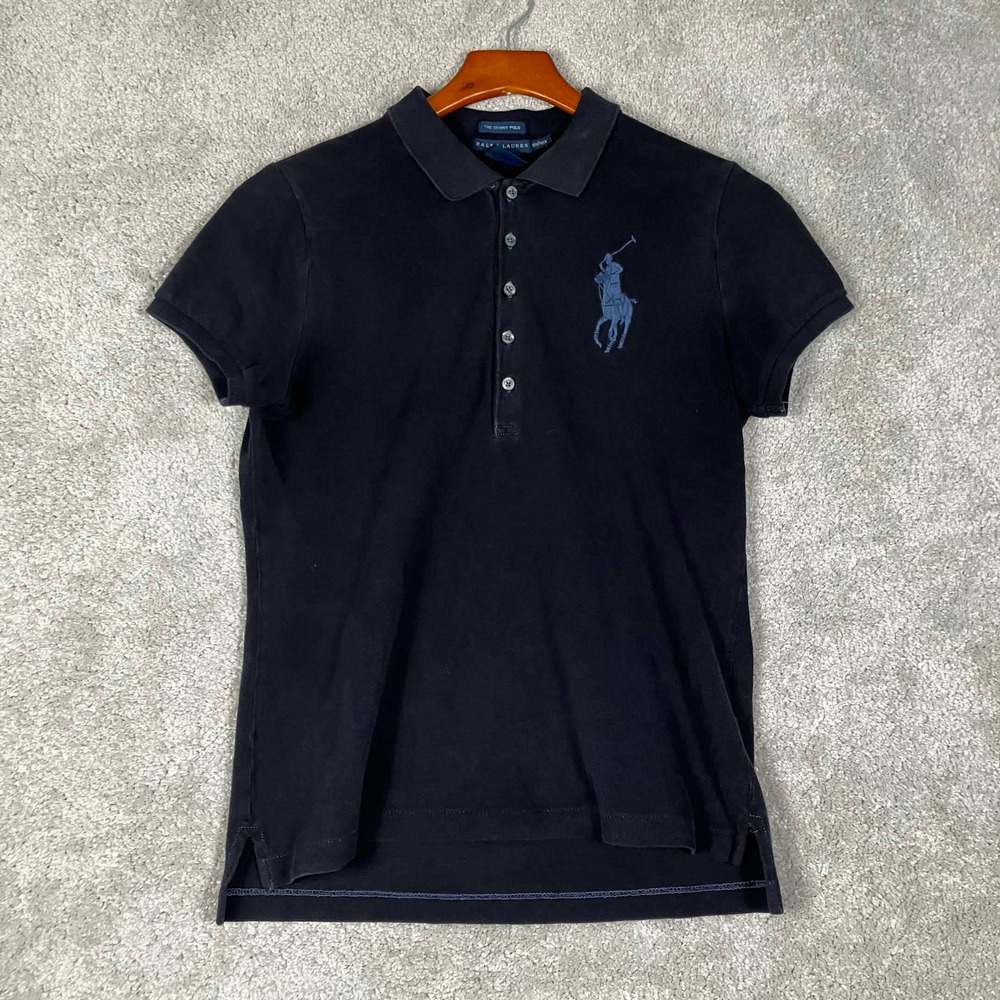 Ralph Lauren Polo Shirt Womens Large Black Big Pony The Skinny Polo Short Sleeve